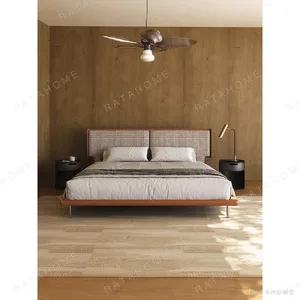 Mid-Century Wraparound Bed in Check Linen with Leather Edge — in a room setting