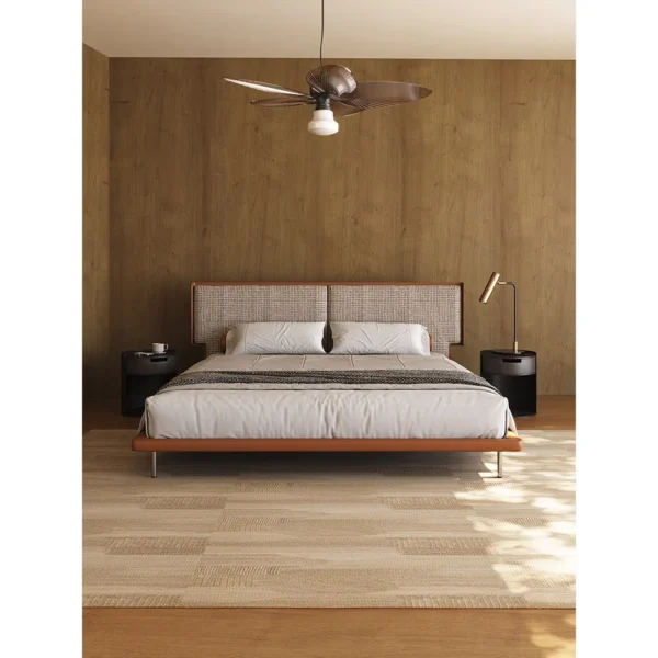 Mid-Century Wraparound Bed in Check Linen with Leather Edge — in a room setting