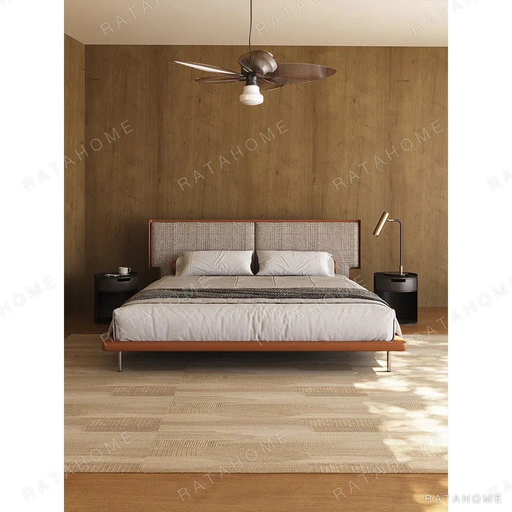 Mid-Century Wraparound Bed in Check Linen with Leather Edge — in a room setting
