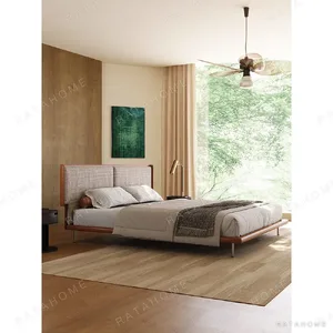 Mid-Century Wraparound Bed in Check Linen with Leather Edge — in a room setting