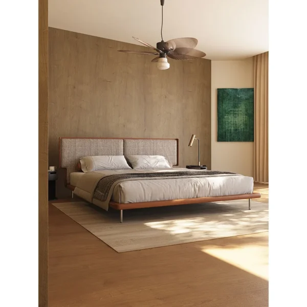 Mid-Century Wraparound Bed in Check Linen with Leather Edge — in a room setting