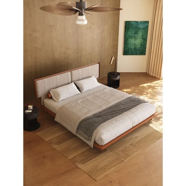 Mid-Century Wraparound Bed in Check Linen with Leather Edge — in a room setting