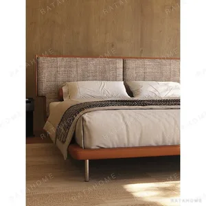 Mid-Century Wraparound Bed in Check Linen with Leather Edge — in a room setting