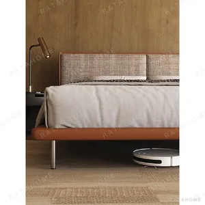 Mid-Century Wraparound Bed in Check Linen with Leather Edge — in a room setting