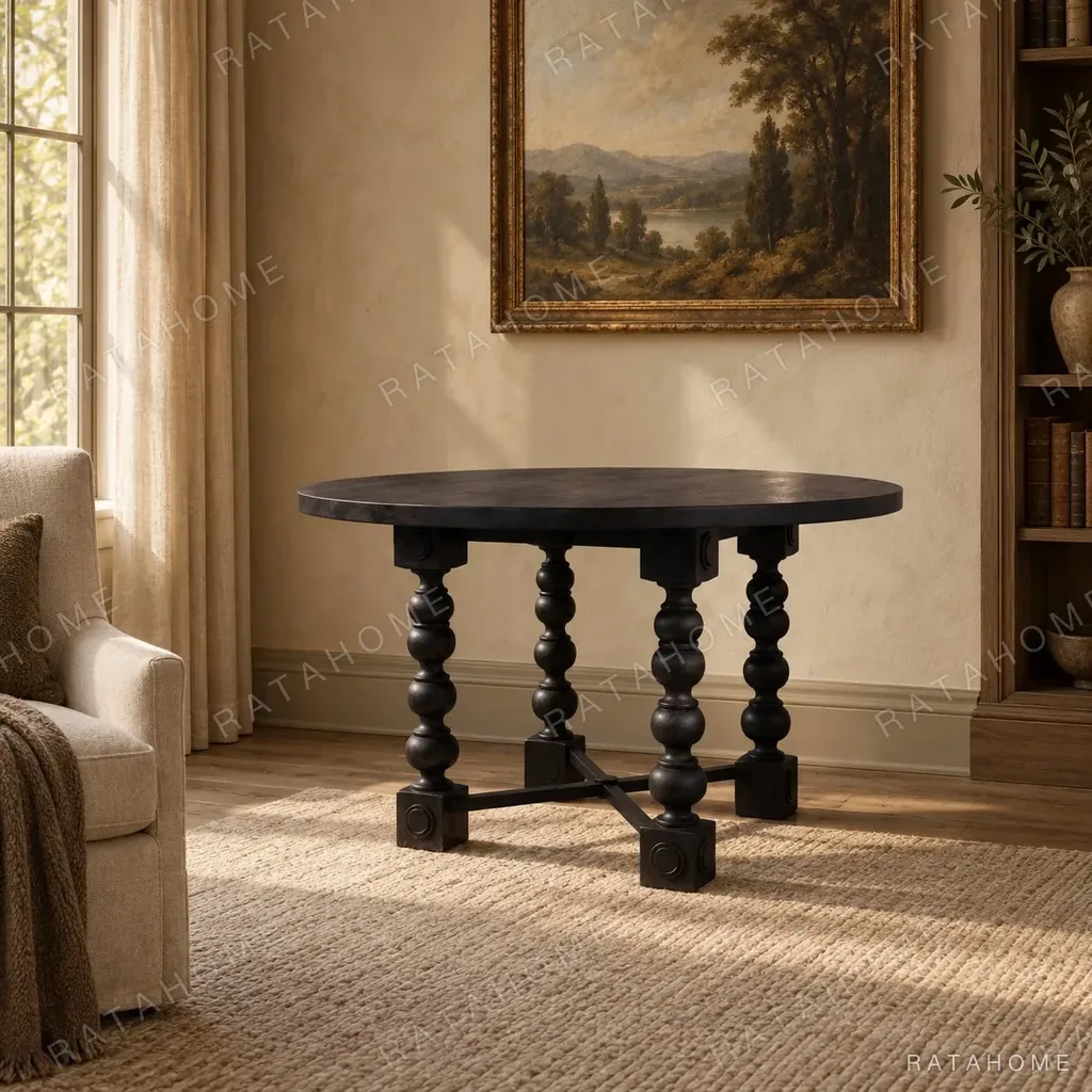 Courtyard Black Round Table on Hand-Carved Column Legs in black — in a room setting