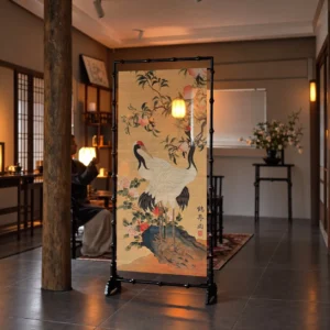 Crane and Longevity Double-Sided Standing Screen in oatmeal — front view