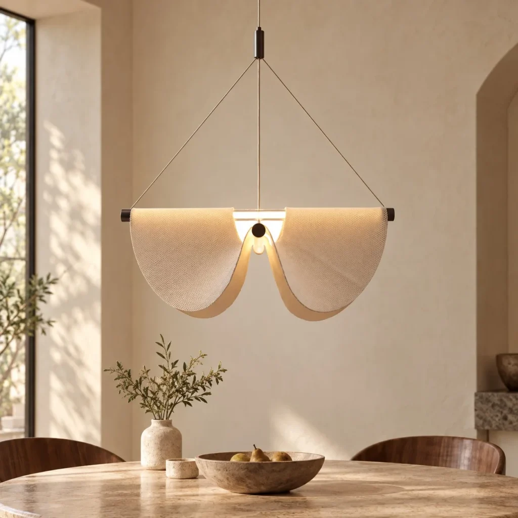 Cream Pleated Fabric Double Fold Pendant Light, 78 cm in oatmeal — front view