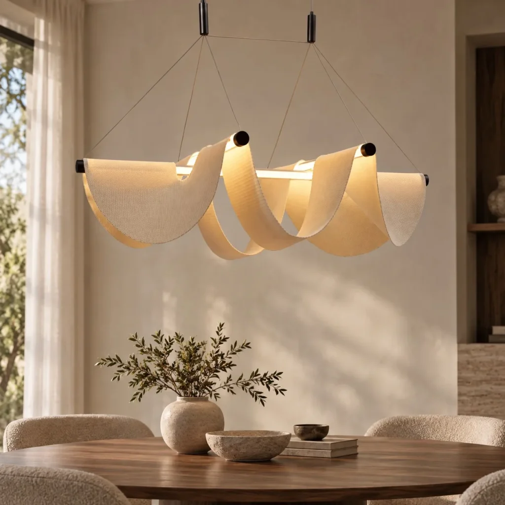Cream Pleated Fabric Triple Fold Pendant Light, 120 cm in oatmeal — front view