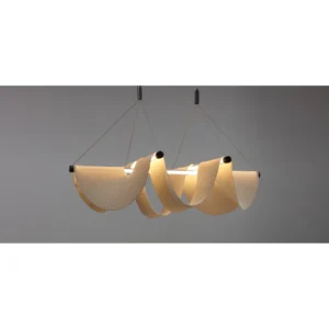 Cream Pleated Fabric Triple Fold Pendant Light, 120 cm in oatmeal — in a room setting