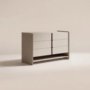 Cream Lacquer Handleless Six-Drawer Chest with Open Base in oatmeal — front view