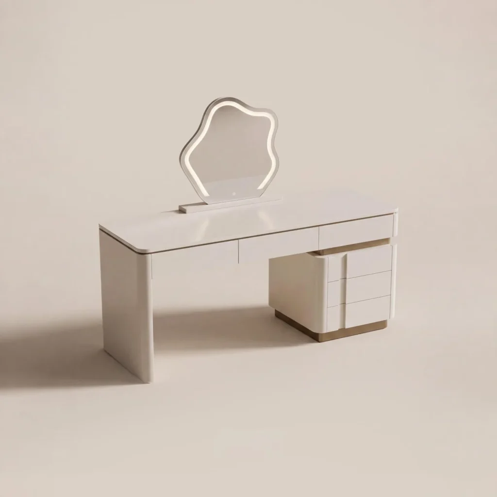 Cream Lacquer Vanity Desk in oatmeal — front view