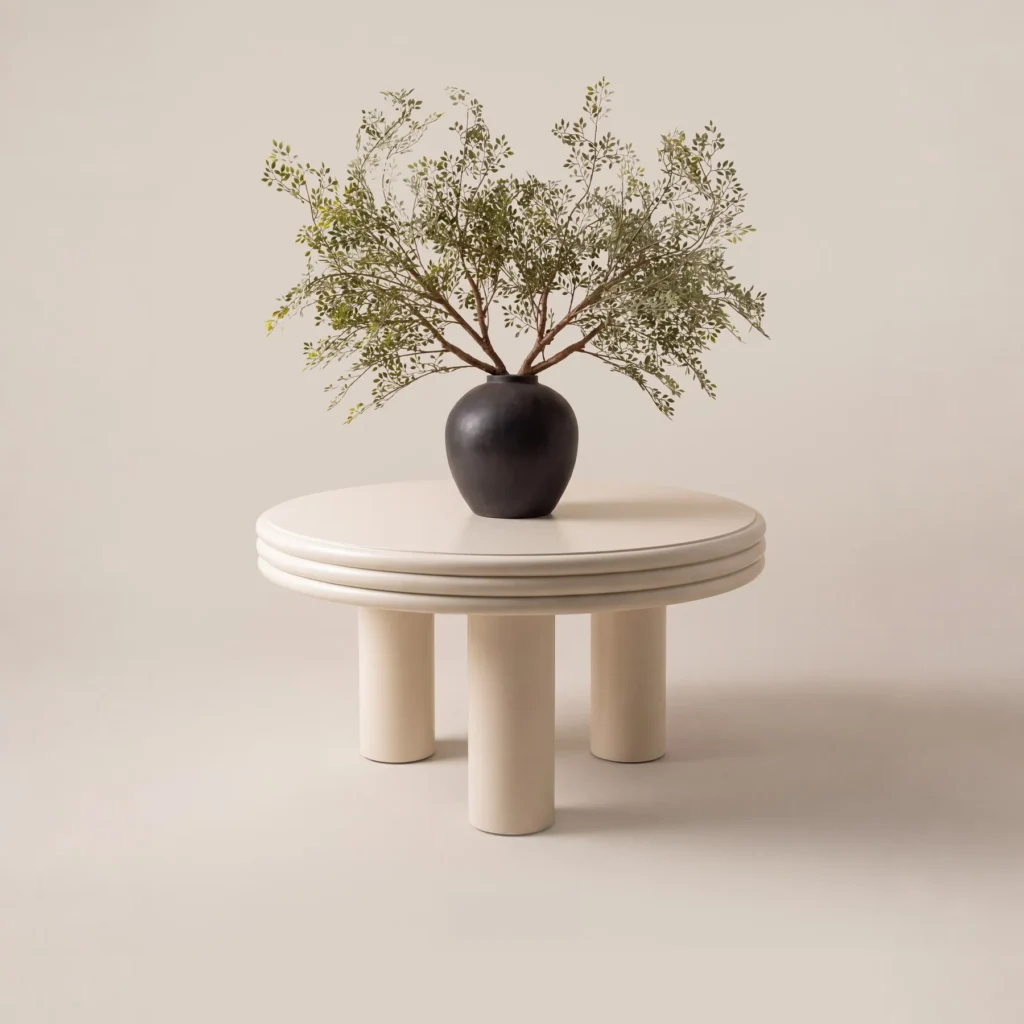 Cream Stacked-Edge Round Table on Column Legs in oatmeal — front view