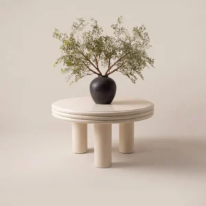 Cream Stacked-Edge Round Table on Column Legs in oatmeal — front view