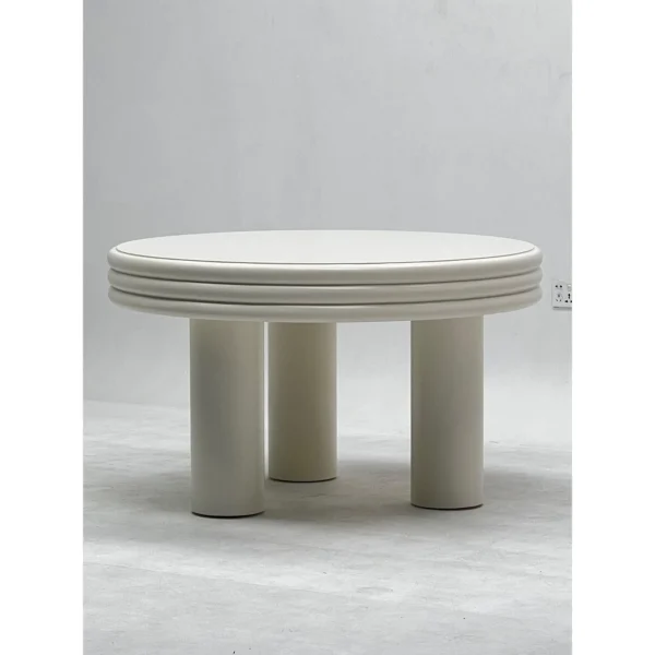Cream Stacked-Edge Round Table on Column Legs in oatmeal — in a room setting
