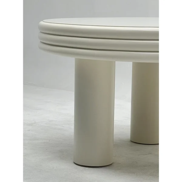 Cream Stacked-Edge Round Table on Column Legs in oatmeal — in a room setting