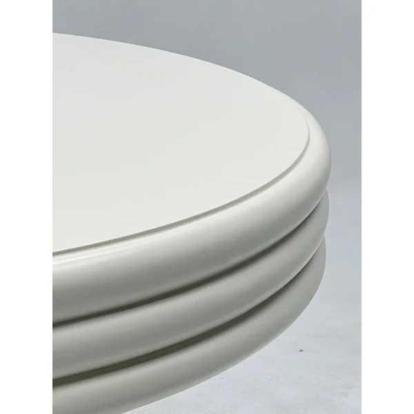 Cream Stacked-Edge Round Table on Column Legs in oatmeal — in a room setting