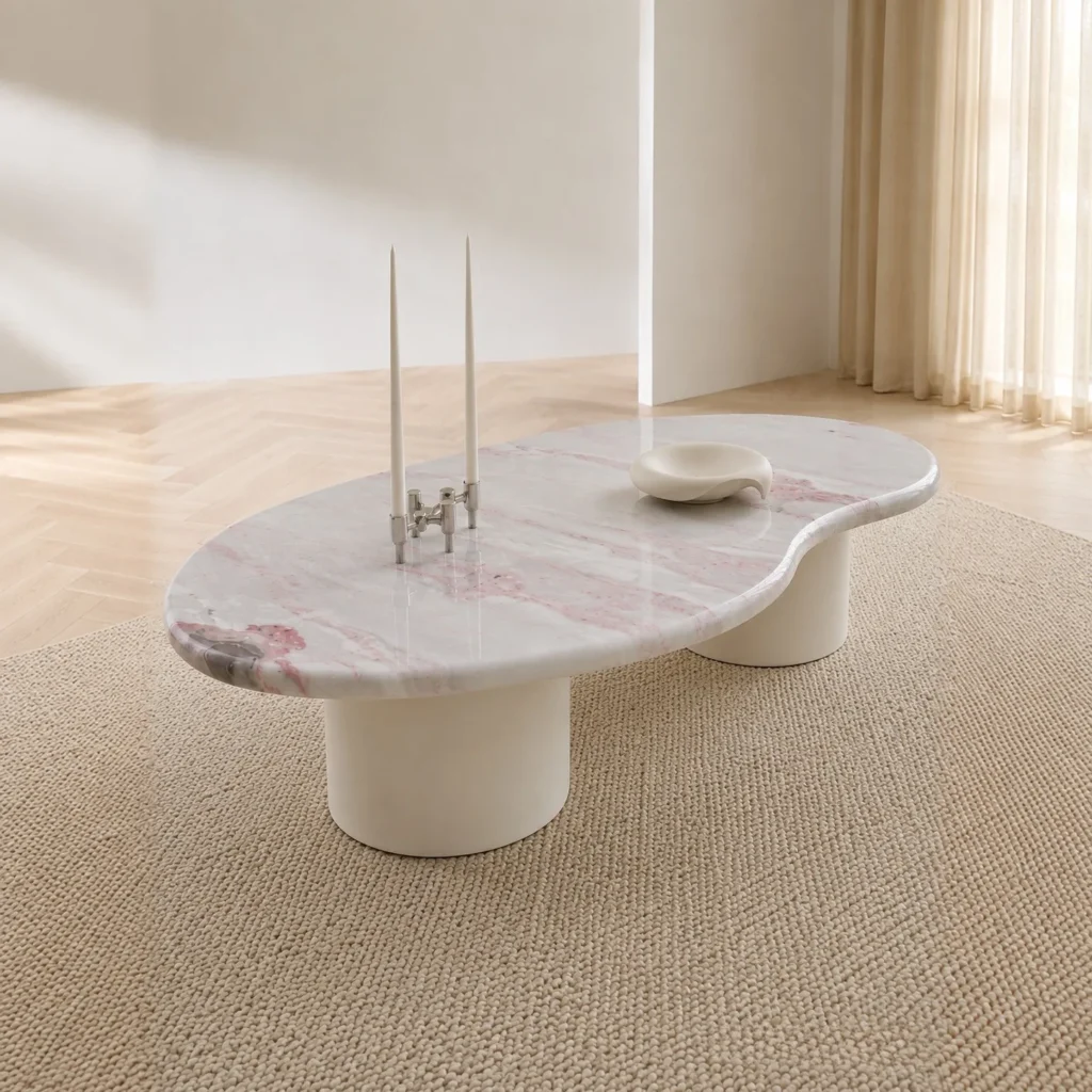 Pink Marble Organic Coffee Table on White Cylinder Legs in rose stone — front view
