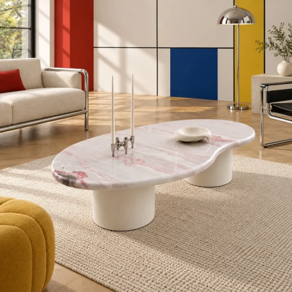 Pink Marble Organic Coffee Table on White Cylinder Legs in rose stone — in a room setting