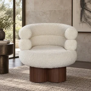 Cream Bouclé Tub Chair on Walnut Pedestal Base — front view