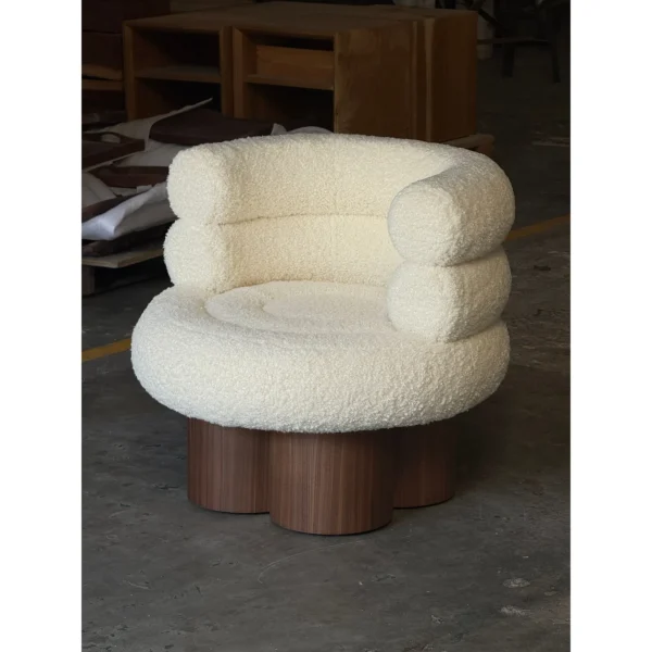 Cream Bouclé Tub Chair on Walnut Pedestal Base in oatmeal — in a room setting