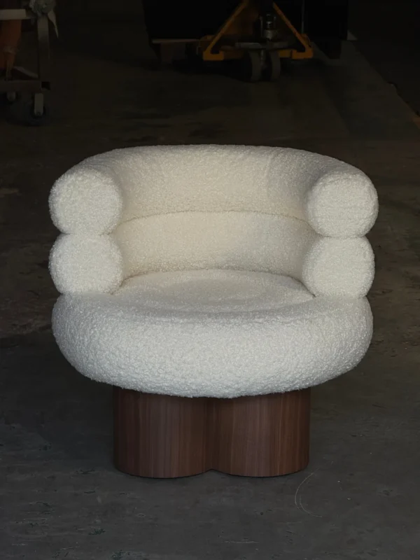 Cream Bouclé Tub Chair on Walnut Pedestal Base in oatmeal — in a room setting