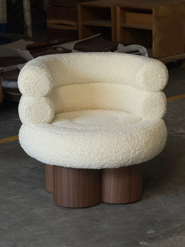 Cream Bouclé Tub Chair on Walnut Pedestal Base in oatmeal — in a room setting
