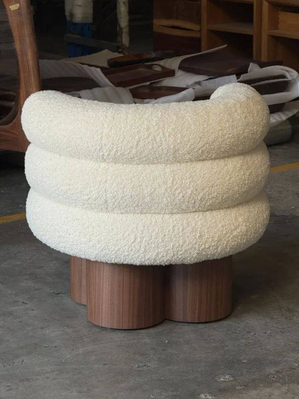 Cream Bouclé Tub Chair on Walnut Pedestal Base in oatmeal — in a room setting