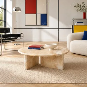 Cream Onyx Round Coffee Table on Cross Stone Base in oatmeal — in a room setting