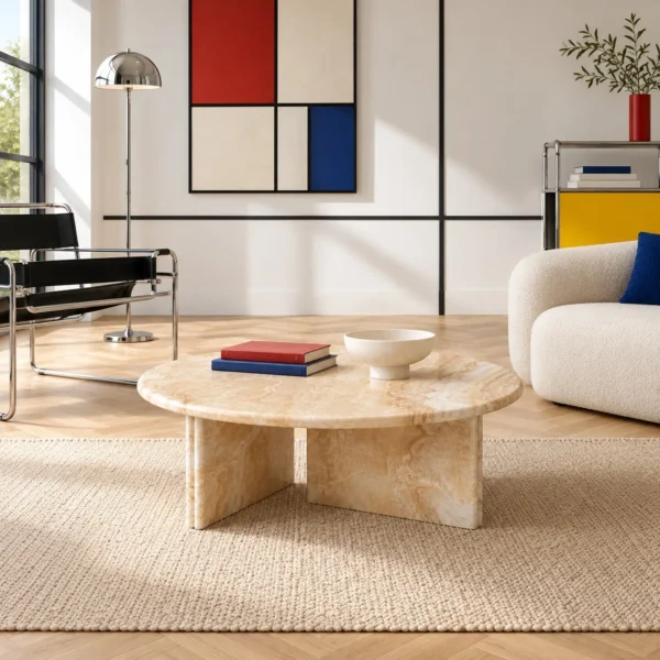 Cream Onyx Round Coffee Table on Cross Stone Base in oatmeal — in a room setting