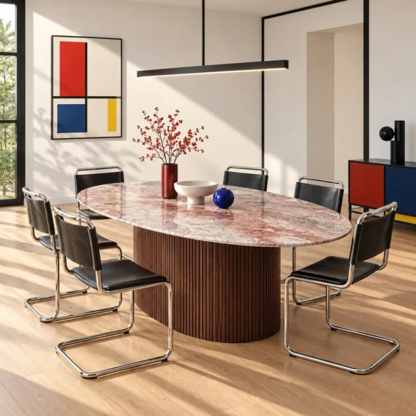 Pink-Grey Marble Oval Dining Table on Fluted Dark Wood Base in rose stone — in a room setting