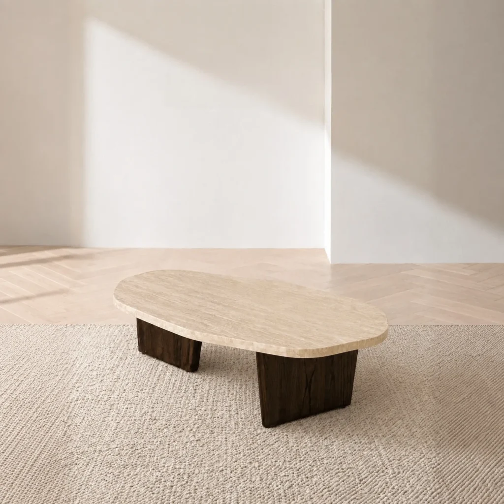 Organic Travertine Coffee Table on Dark Wood Legs in oatmeal — front view