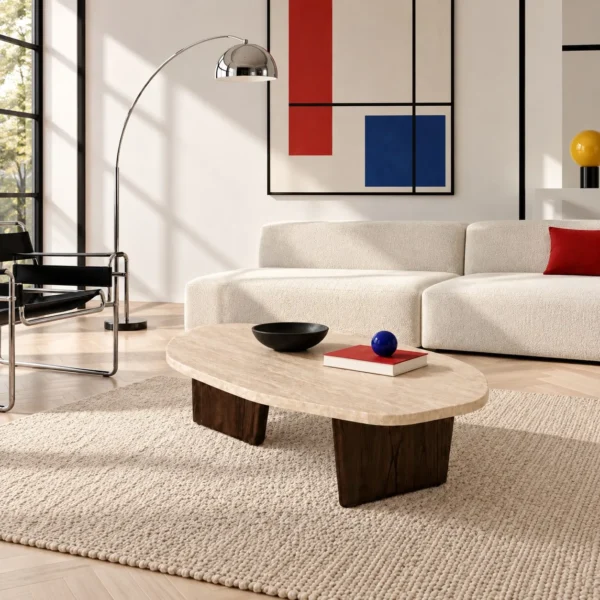 Organic Travertine Coffee Table on Dark Wood Legs in oatmeal — in a room setting