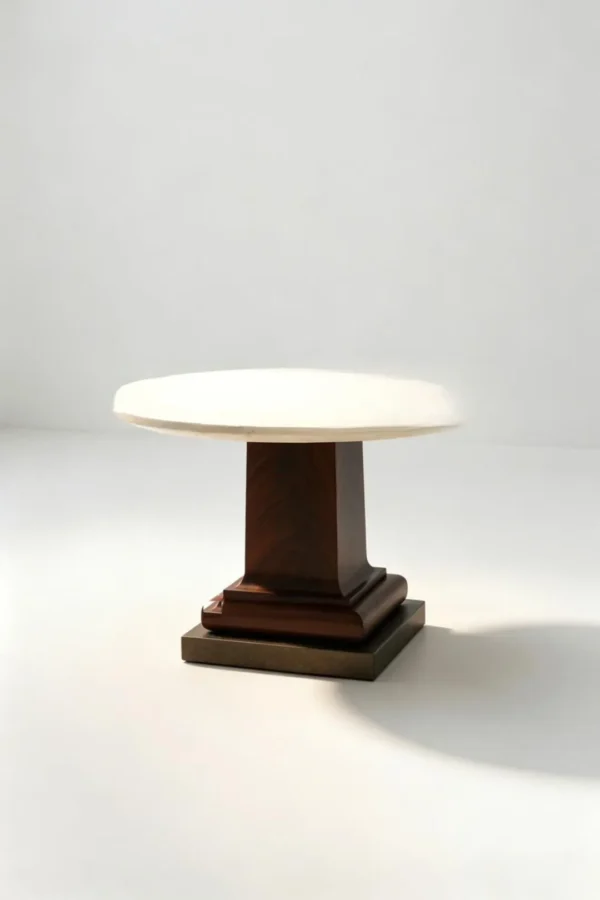 Cream Travertine Round Table in oatmeal — in a room setting