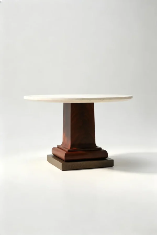 Cream Travertine Round Table in oatmeal — in a room setting