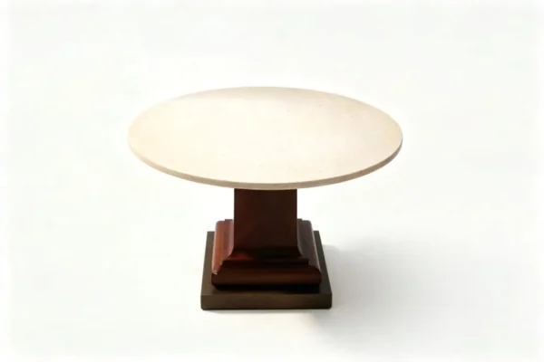 Cream Travertine Round Table in oatmeal — in a room setting