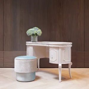 Cream White Carved Classical Kidney Desk in oatmeal — front view