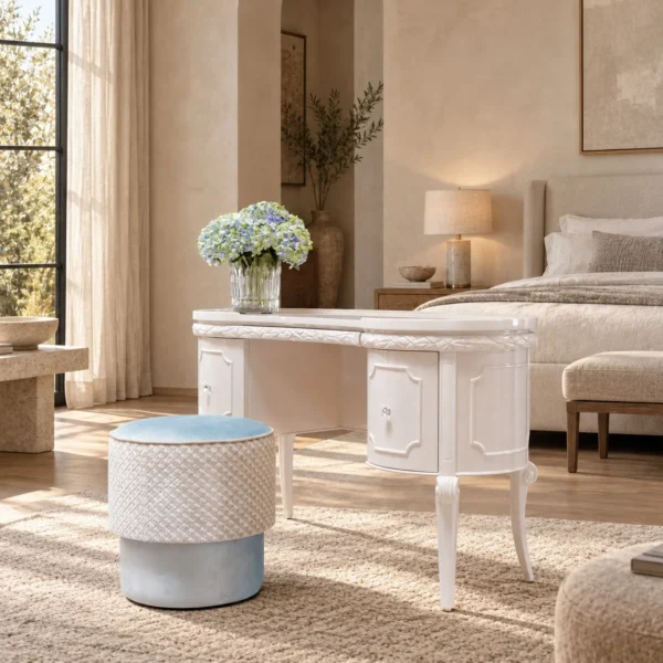 Cream White Carved Classical Kidney Desk in oatmeal — in a room setting