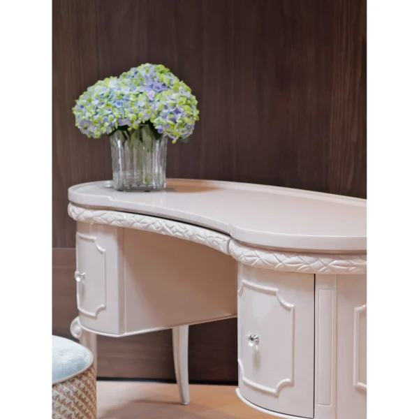 Cream White Carved Classical Kidney Desk in oatmeal — in a room setting