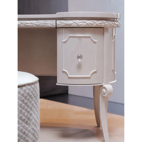 Cream White Carved Classical Kidney Desk in oatmeal — in a room setting