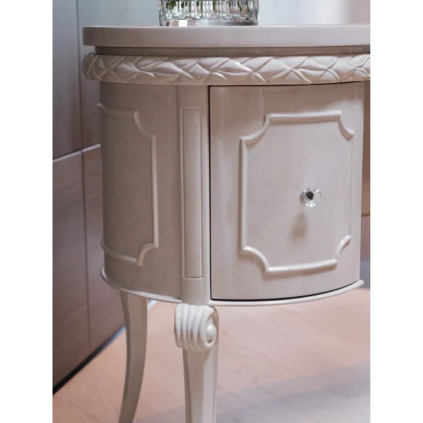 Cream White Carved Classical Kidney Desk in oatmeal — in a room setting