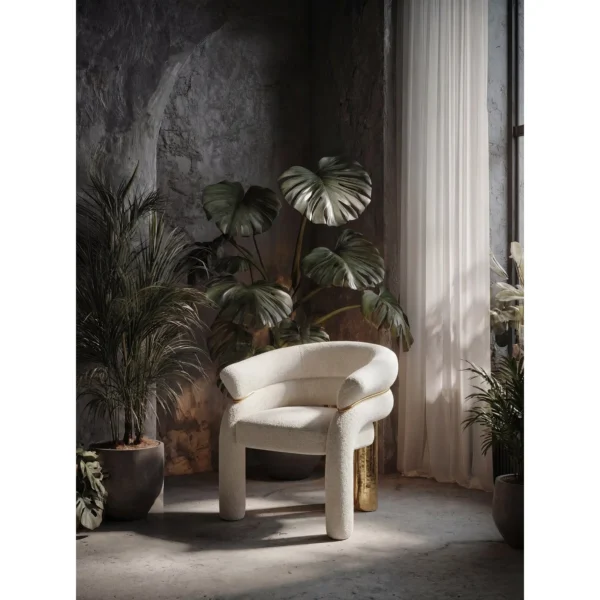 Cream Teddy Tub Chair with Gold Ring on Hammered Brass Legs in oatmeal — in a room setting