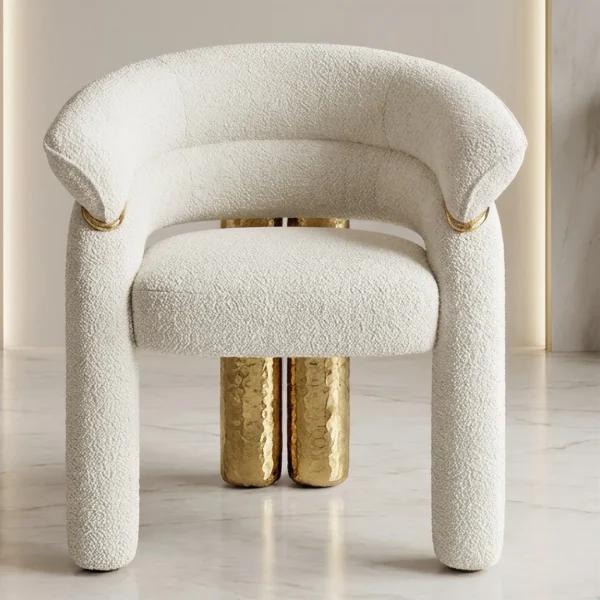 Cream Teddy Tub Chair with Gold Ring on Hammered Brass Legs in oatmeal — in a room setting