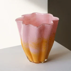 Pink and Yellow Ruffled Cabbage Glass Vase, Medium or Large in rose stone — front view