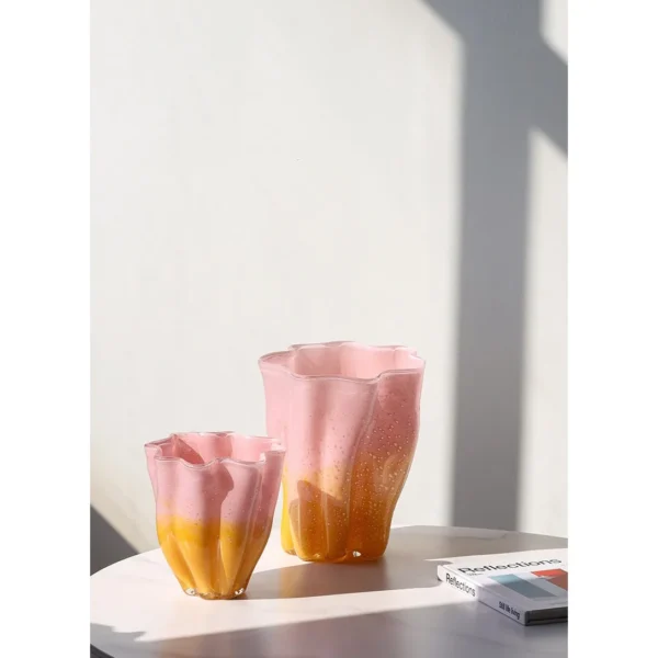 Pink and Yellow Ruffled Cabbage Glass Vase, Medium or Large in rose stone — in a room setting