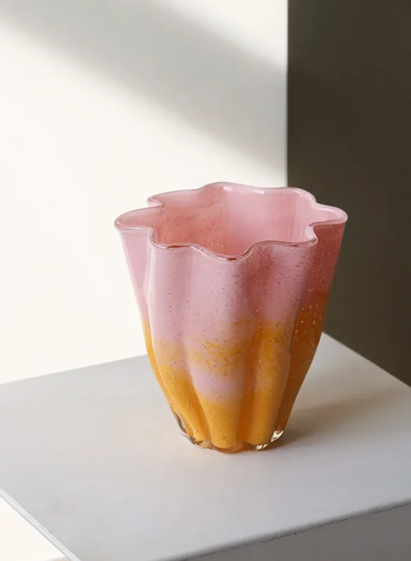 Pink and Yellow Ruffled Cabbage Glass Vase, Medium or Large in rose stone — in a room setting