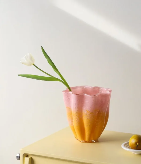 Pink and Yellow Ruffled Cabbage Glass Vase, Medium or Large in rose stone — in a room setting