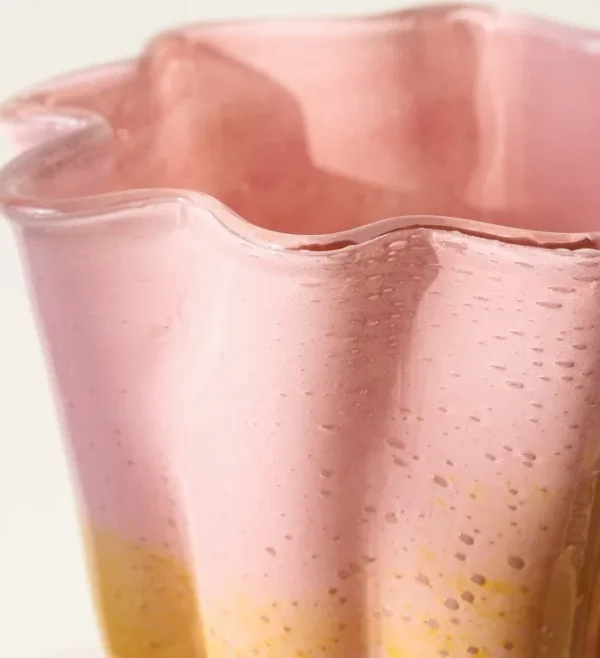 Pink and Yellow Ruffled Cabbage Glass Vase, Medium or Large in rose stone — in a room setting