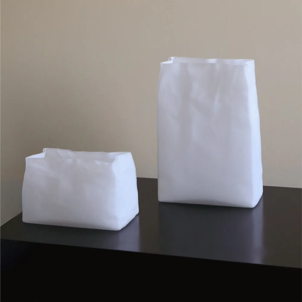 Paper Bag Glass Vases in Frosted White, Three Sizes — front view