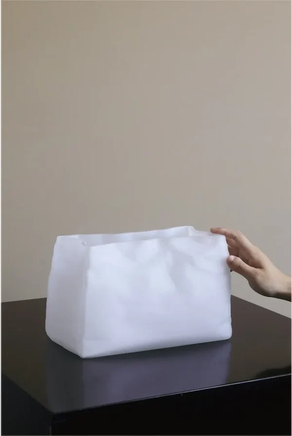 Paper Bag Glass Vases in Frosted White, Three Sizes — in a room setting