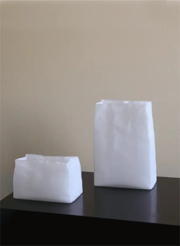 Paper Bag Glass Vases in Frosted White, Three Sizes — in a room setting